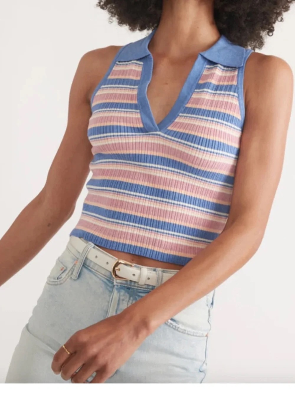 Marine Layer Striped Ribbed Polo Tank in Blue and Pink